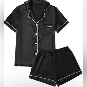 Women's Satin Pajamas Set Short Sleeve Button Shirt Silky Sleepwear with Shorts